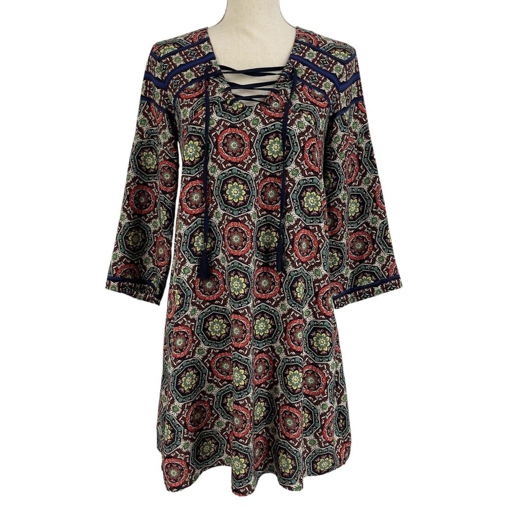 Design Recipe Womens Bohemian Floral Print Dress Lace Up Neck 3/4 Sleeves Small